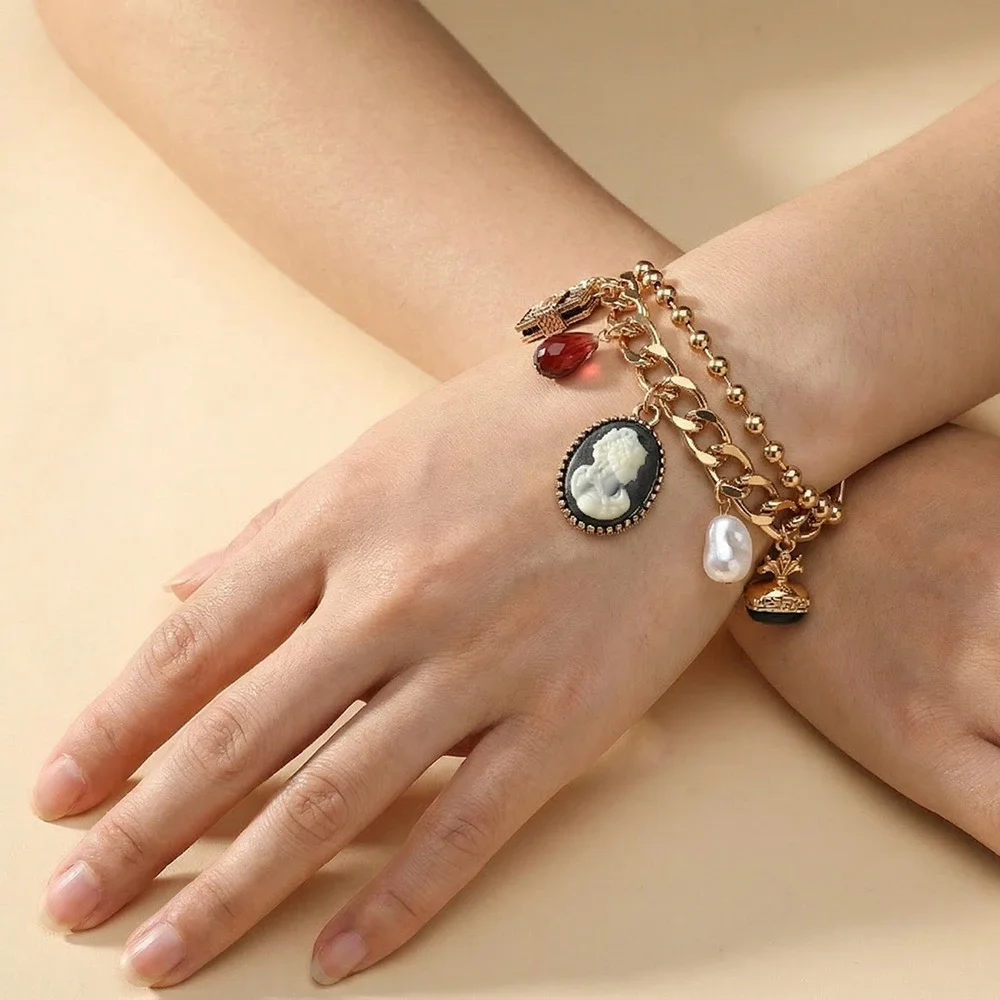 Vintage Style Gold Charm Bracelet Cameo Pearl Red Crystal Chunky Coquette Gift